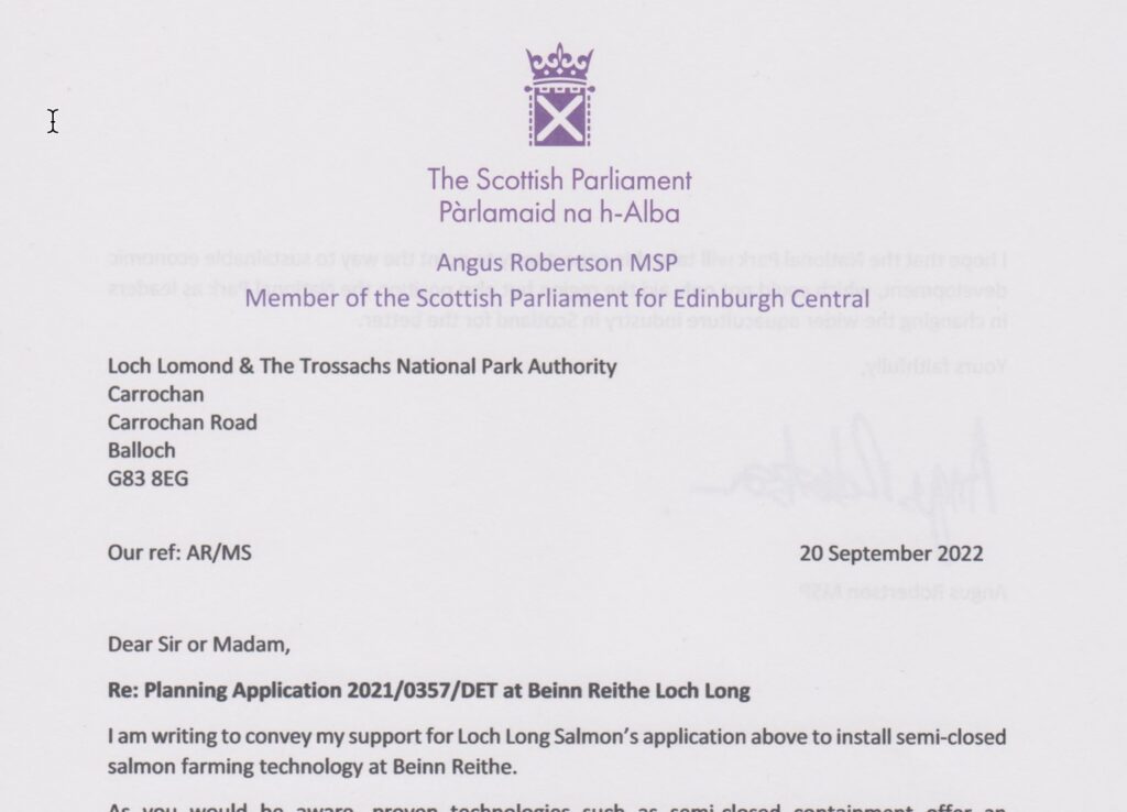 Letter from Angus Robertson MSP supporting the planning proposal.